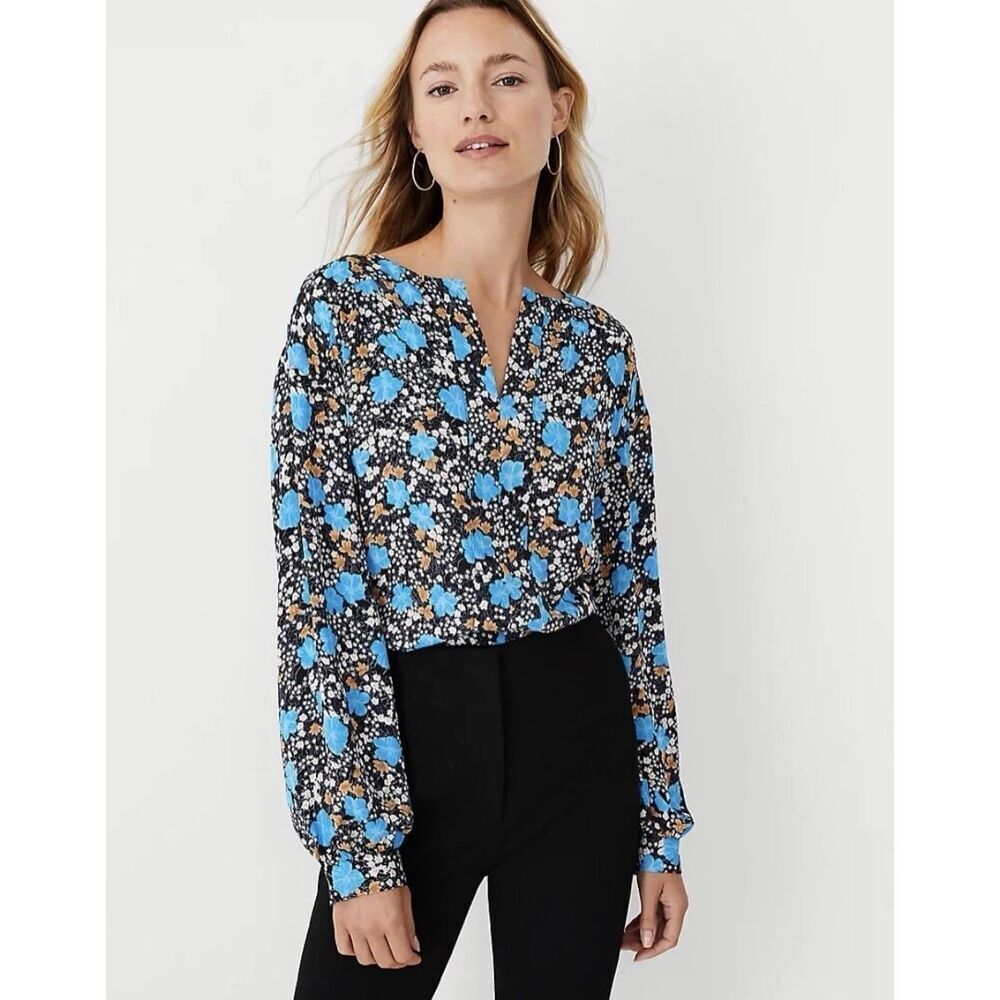 Ann Taylor Floral Seamed Split Neck Popover Blouse Night Sky Lightweight SZ S